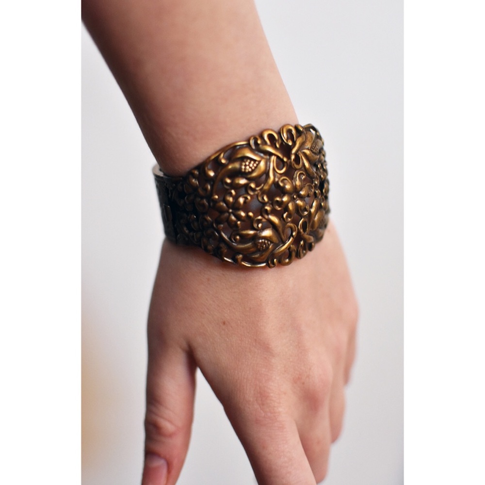 Brass Intricate Floral Cuff Bracelet